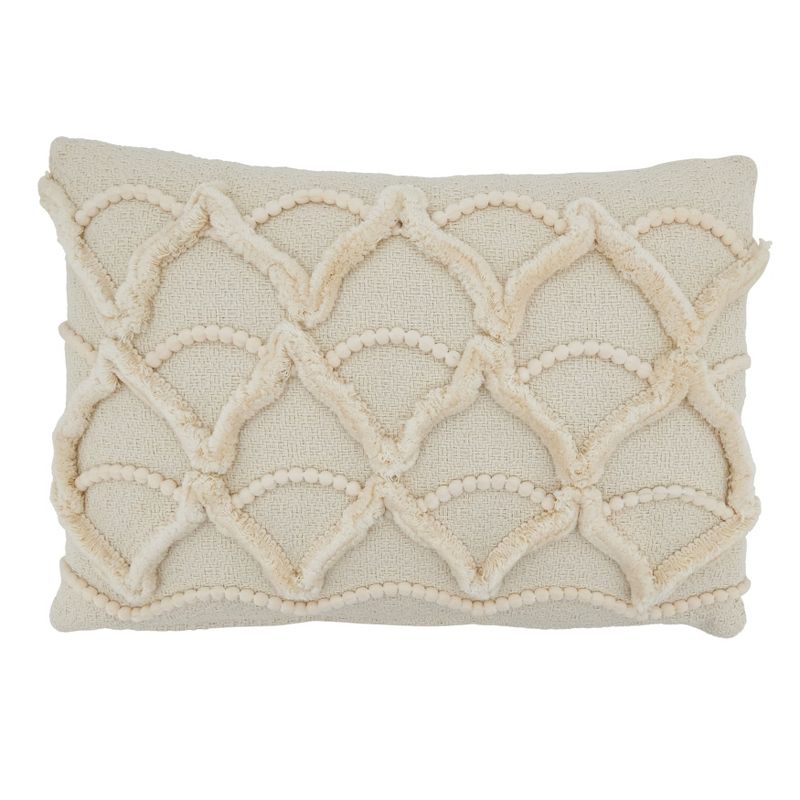 Saro Lifestyle Fringe Lace and Pom Pom Applique Pillow - Down Filled, 12"x18" Oblong, Ivory, 1 of 4