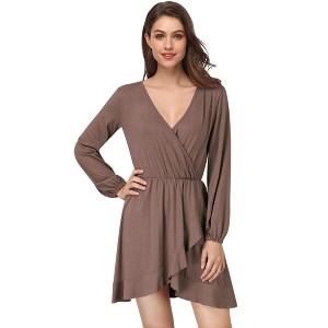Womens Deep V Neck Mini Dress Long Sleeve Elastic Waist A Line Casual Wrap Midi Dress - 1 of 4