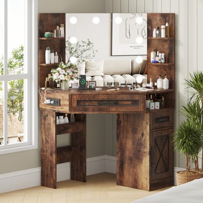 Corner Makeup Vanity with 10 Bulbs & Charging Stations, 3 Lighting Modes Adjustable, Brown