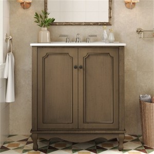 CIPACHO 31" White Vintage Bathroom Vanity with Faux Aged Finish Curved Profile Rubber Wood Legs - 1 of 4