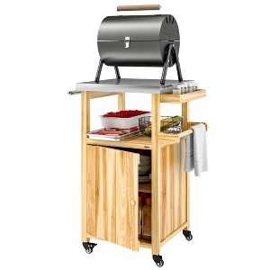 Outsunny Outdoor Grill Cart with Wheels, Storage Cabinet, Solid Wood Outdoor Kitchen Island with Stainless Steel Top, Integrated Hole - 1 of 4