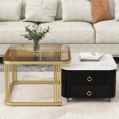 Square Nesting Coffee Table, Modern Coffee Table, Side Table, With Wheels, Drawers, High Gloss Marble Grain Top Floor Table