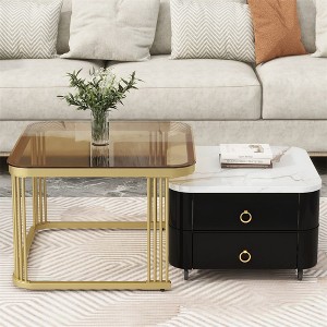 Square Nesting Coffee Table, Modern Coffee Table, Side Table, With Wheels, Drawers, High Gloss Marble Grain Top Floor Table - 1 of 4