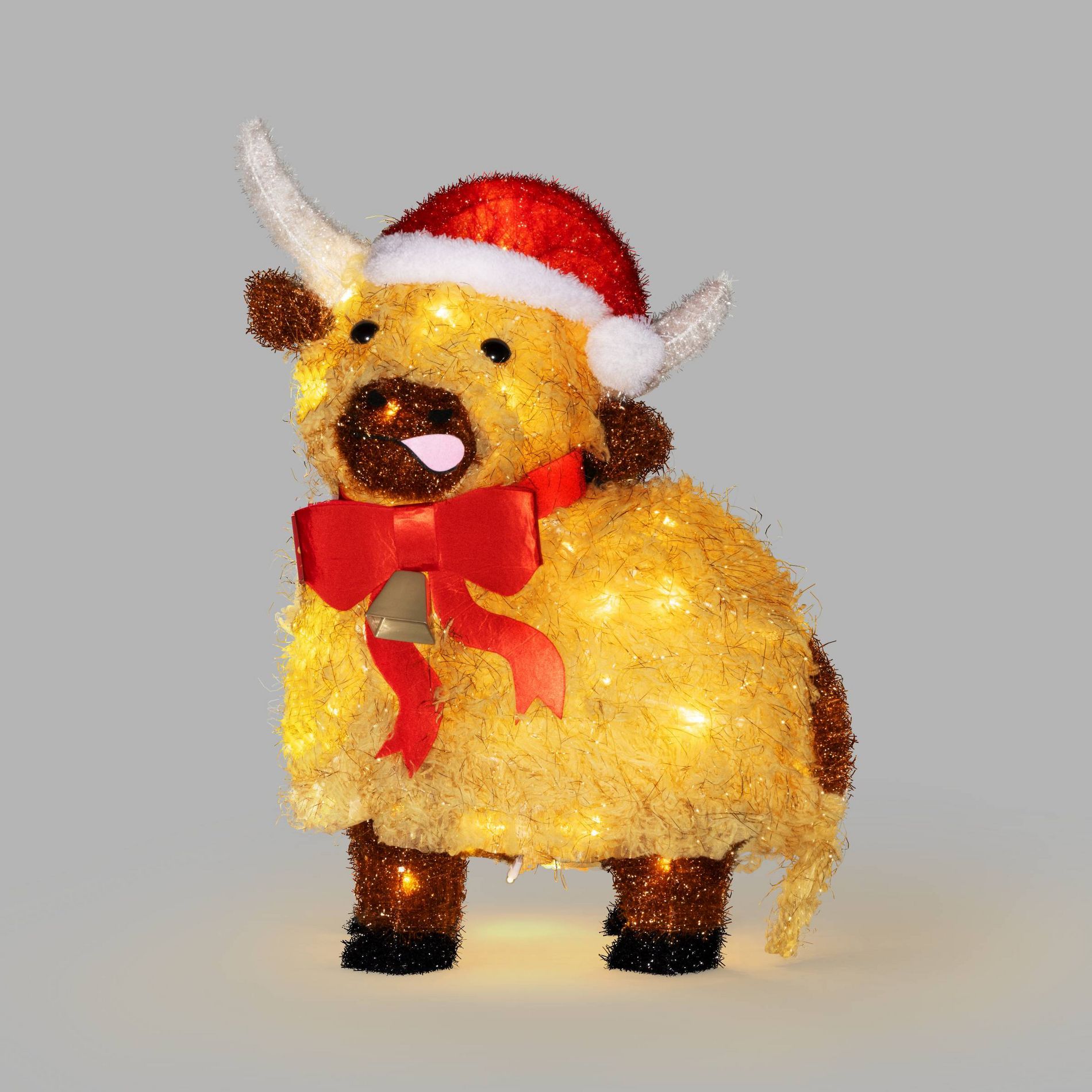 26" Christmas 3D Long Pile Tinsel Highland Cow with Santa Hat and Red Bow - Wondershop™