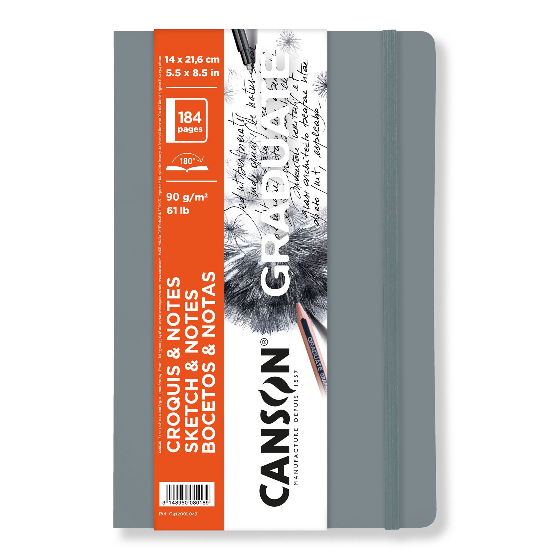 Canson Graduate Sketch & Notes Art Book, Light Gray, Soft Cover Binding, 92 Sheet, 5.5x8.5 inch, 1 Count