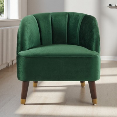 Velvet Barrel Accent Chair with Curved Tufted Back and Rubberwood Legs
