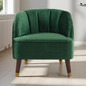 Velvet Barrel Accent Chair with Curved Tufted Back and Rubberwood Legs - 1 of 4