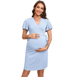 Women's Maternity Dress Short Sleeve Casual Pregnancy Dresses Rib Knit V Neck Pregnant Clothes with Belt - 1 of 4