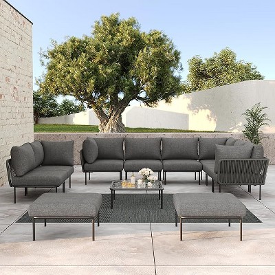 LayinSun 11 Pieces Rope Woven Patio Furniture Set, Modern Modular Sectional Sofa with Coffee Table and Upgrade Thickness Cushion