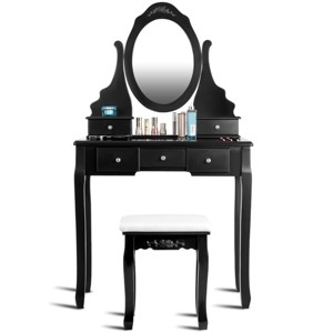 Tangkula Oval Vanity Mirror Dressing Table Beauty Dresser Cosmetics Organizer w/ Cushioned Bench - 1 of 4