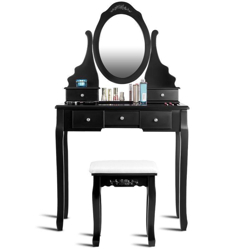 Tangkula Oval Vanity Mirror Dressing Table Beauty Dresser Cosmetics Organizer w/ Cushioned Bench, 1 of 10