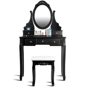 Tangkula Oval Vanity Mirror Dressing Table Beauty Dresser Cosmetics Organizer w/ Cushioned Bench