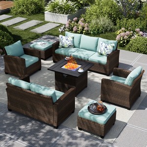 Captiva Designs 7pc Outdoor Patio Wicker Rattan Cushioned Fire Pit Set with Ottomans and Loveseat - 1 of 4