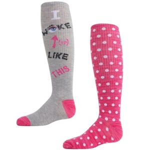 Memoi Girls' 2 Pair Pack I woke up like this Knee High Socks Assorted - 1 of 2