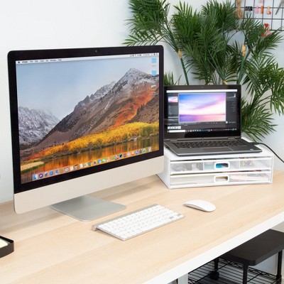 White Metal Mesh Desktop Monitor Stand with Two Drawers