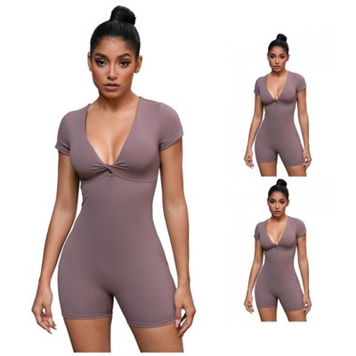 INSPIRE CHIC 3 Pcs Women's Cross Front Tummy Control Slimming Short Sleeve Body Shapers 3 Brown X-Large