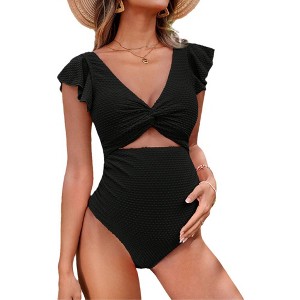 Maternity One Pieces Swimsuits Swiss Dot Ruffle Sleeve Tie Knot v Neck Hollow Monokini Bikini - 1 of 4