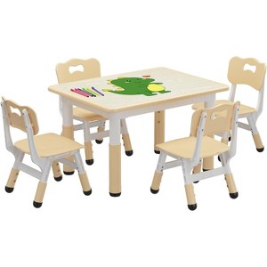 Kids Table and Chair Set, Height Adjustable Toddler Table and 4 Chairs Set for Ages 2-10, Graffiti Desktop, Non-Slip Legs Wood - 1 of 4