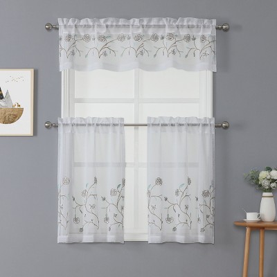Kate Aurora Complete 3 Piece Embroidered Shabby Floral Roses Sheer Cafe Kitchen Curtain Tier & Valance Set