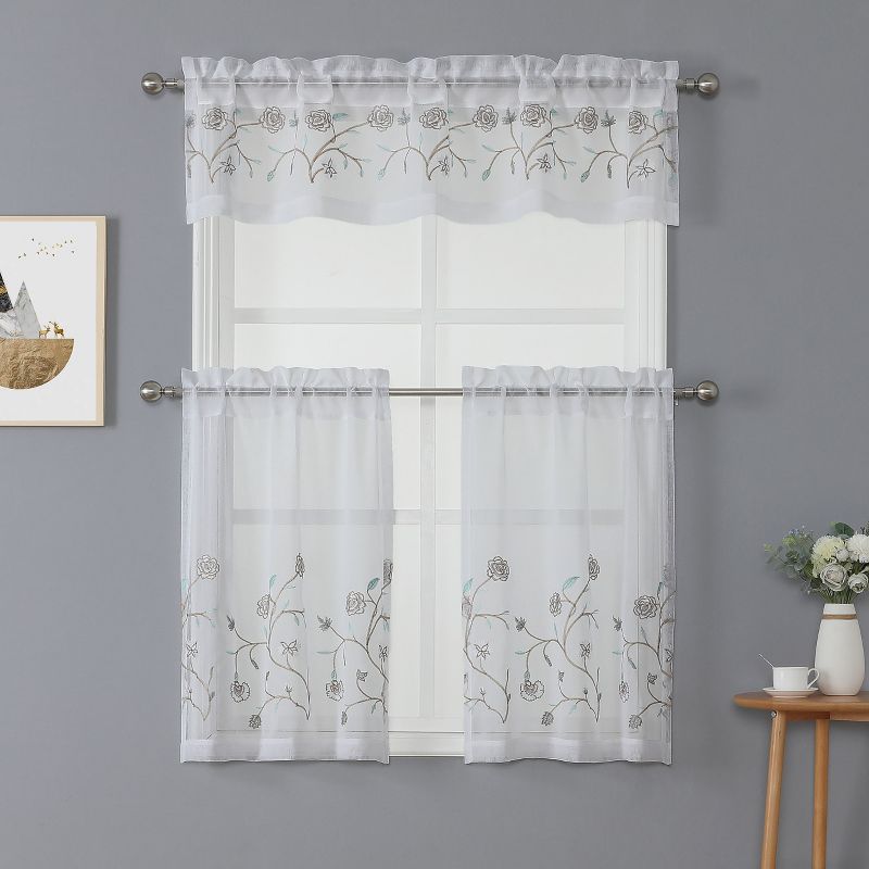 Kate Aurora Complete 3 Piece Embroidered Shabby Floral Roses Sheer Cafe Kitchen Curtain Tier & Valance Set, 1 of 5