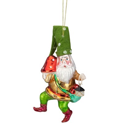 Northlight 6" Gold and Green Gnome with Lantern and Mushroom Glass Christmas Ornament