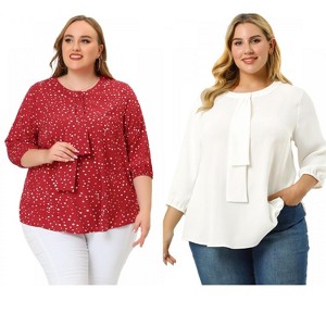 Women's Plus Size 2 Pieces 3/4 Sleeves Round Neck Ruffle Chiffon Work Blouse - Agnes Orinda - 1 of 4