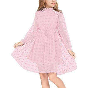 Arshiner Girls Dress Long Sleeve Swiss Dot Ruffle Collar Flowy A-Line Party Dress for Kids - 1 of 4
