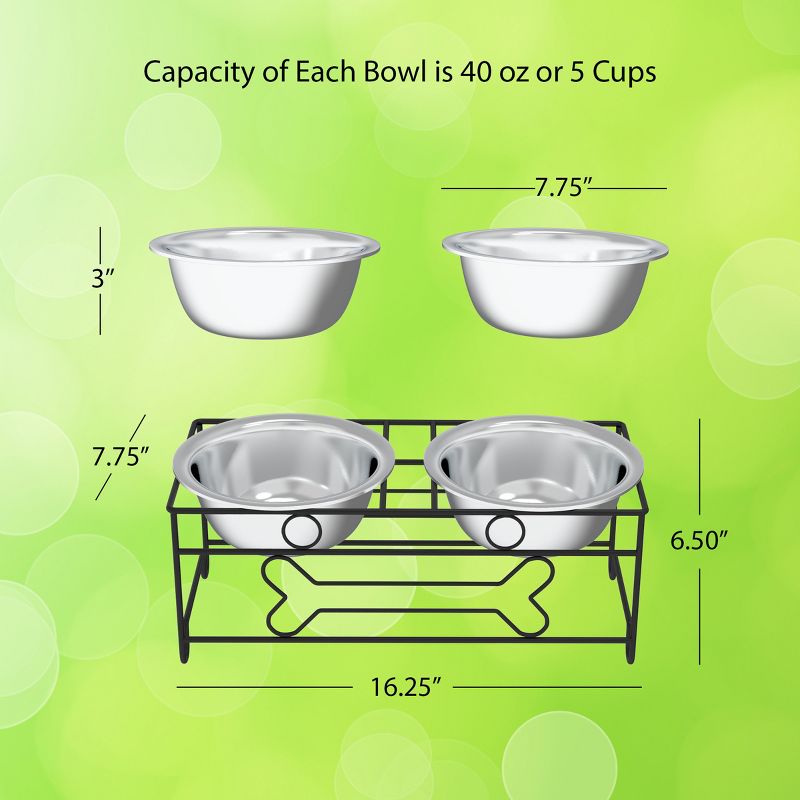 Elevated Dog and Cat Bowls - Decorative 6.5-Inch-Tall Raised Stand with 2 Stainless-Steel Food and Water Bowls - Hold 40oz Each by PETMAKER (Black), 2 of 9