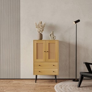 Angel Sar 2 Drawer Wood Rattan Sideboard, Buffet Cabinet, Storage Cabinet for Kitchen - 1 of 4