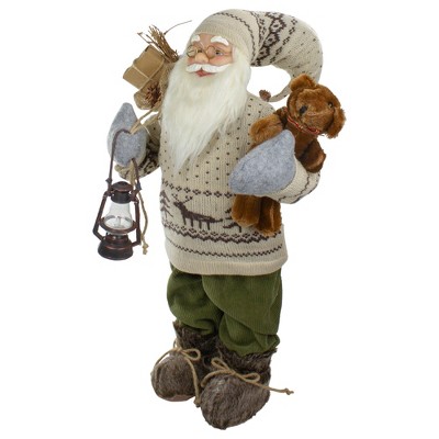 24" Beige and Green Plastic Santa Figurine with Lantern
