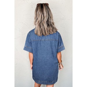 Blue Short Sleeve Collared Patched Pocket Denim Mini Dress - 1 of 1