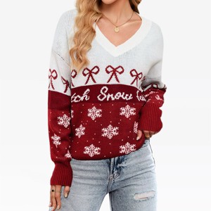 Christmas Sweater for Women Snowflakes Jacquard Color Block V Neck Sweater for Layering Style Outfits Winter Cozy Sweater - 1 of 4