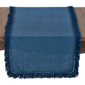 72"x16" Linen Stonewashed Fringe Table Runner Navy - Saro Lifestyle: Elegant Non-Woven Fabric, Machine Washable - 1 of 3