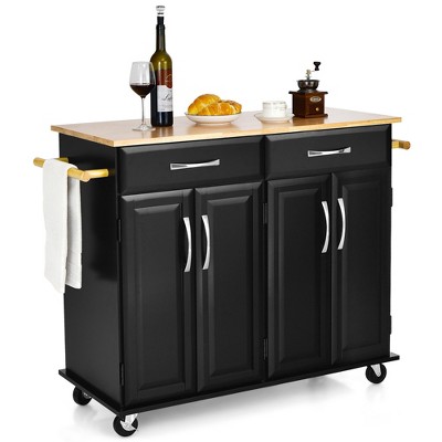 Costway 4-Door Rolling Kitchen Island Cart Buffet Cabinet w/ Towel Racks  Drawers Black