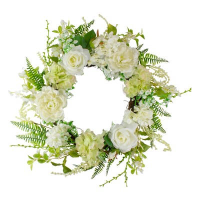 Northlight Peony and Rose Artificial Spring Wreath, White and Green - 24-Inch