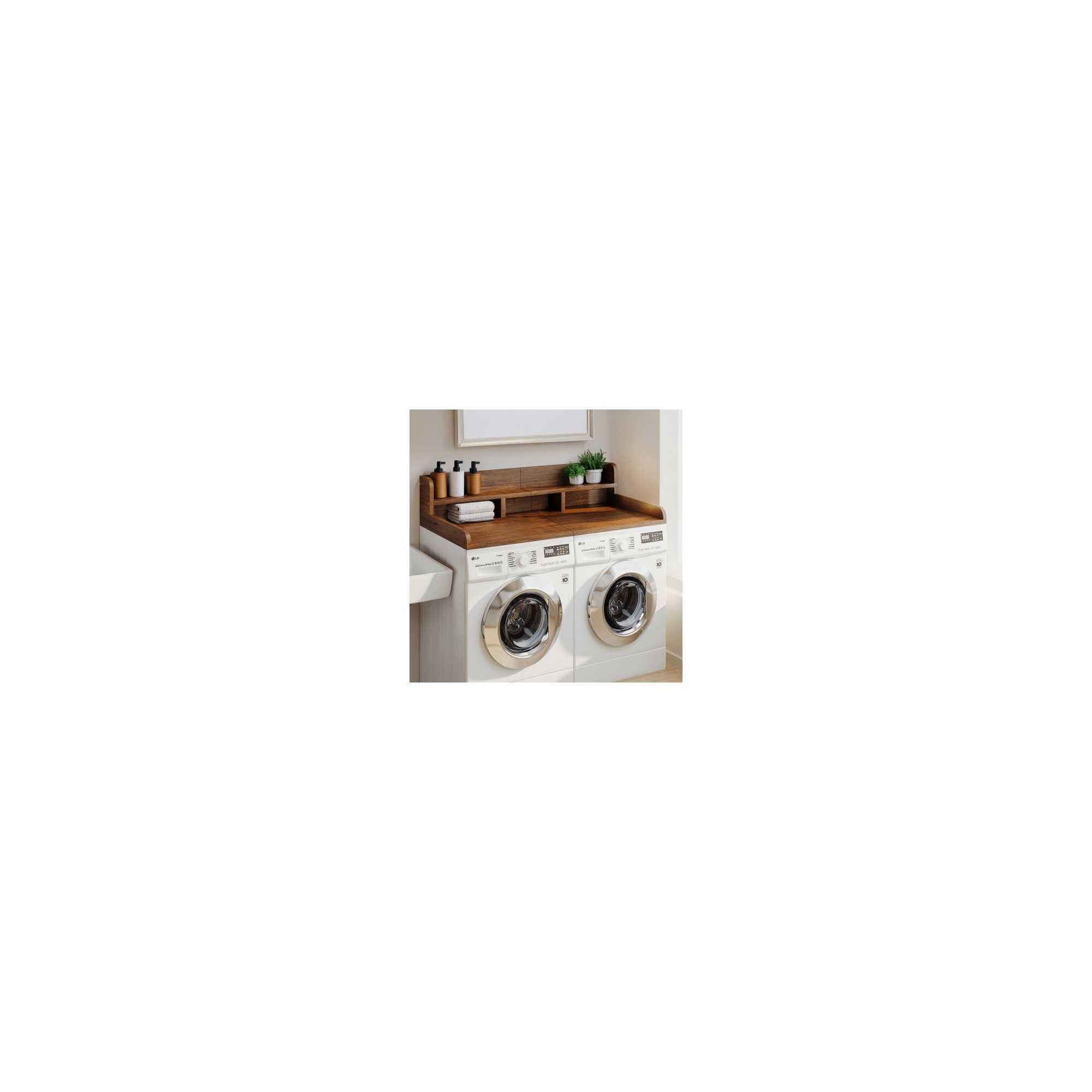 Washer Dryer Countertop with Non-slip Pads, Laundry Wood Shelf Topper with Edge, 54" Width x 27.5" Depth Double Layer Organizer