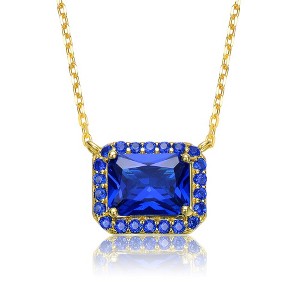 14K Yellow Gold Plated Petite Pendant Necklace with Radiant Cut Blue Sapphire Cubic Zirconia and Halo, legant Design Featuring a Sparkling Solitaire - 1 of 3