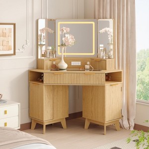 48" Corner Fluted  Makeup Vanity Desk w/ 3-Panel Lighted Mirror & Charging Station - Fluted Glass Top Makeup Desk w/Drawers for Bedroom - 1 of 3