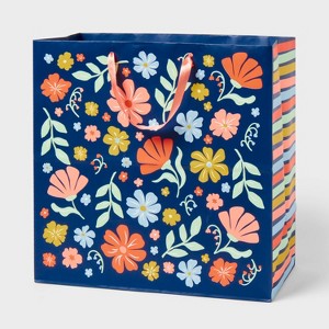 Square Gift Bag Floral on Blue - Spritz™ - 1 of 3