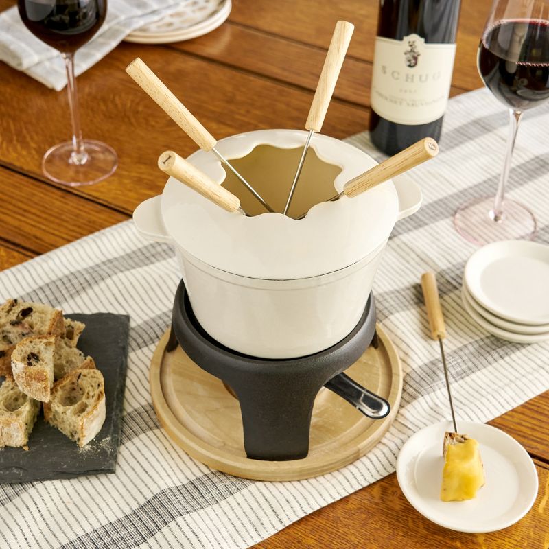Twine 5998 Farmhouse Kitchen Enamel Cast Iron Fondue Set Cheese Melting Pot Metal Stand with Stainless Steel Forks and Chrome Gel Burner, Off-Cream, 3 of 11