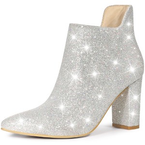 Allegra K Women's Pointed Toe Cutout Block Heels Glitter Ankle Booties - 1 of 4