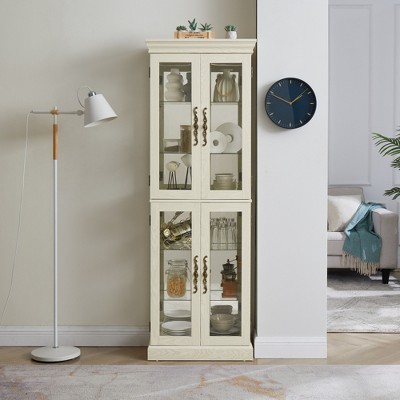 SKRAN 71" H Lighted Curio Cabinet Display Case, Wooden Cabinets with Adjustable Shelves and Tempered Glass Door for Living Room