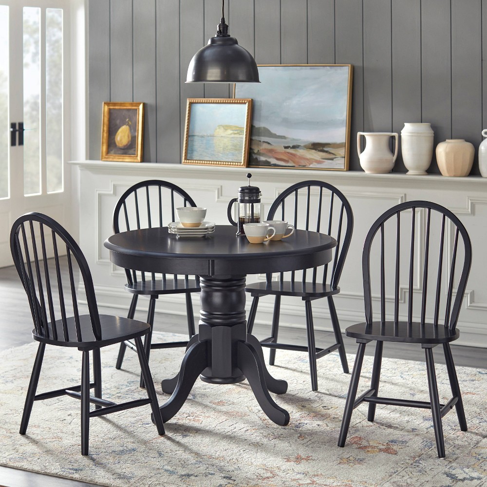 Buylateral 5pc Hawthrone Farmhouse Solid Wood 40" Round Pedestal Dining Set Black: Solid Rubberwood, 40" Diameter, Farmhouse Style