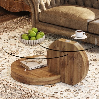 2-Tier Round Glass Coffee Table, Modern Living Room Table with Wood Legs and Tempered Glass Top – Cuddlewood