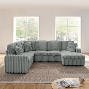 GDFStudio Ilya 6-Seater Modern U-Shaped Corduroy Upholstered Striped Sofa with Pull-Out Bed and Storage Chaise - 1 of 4