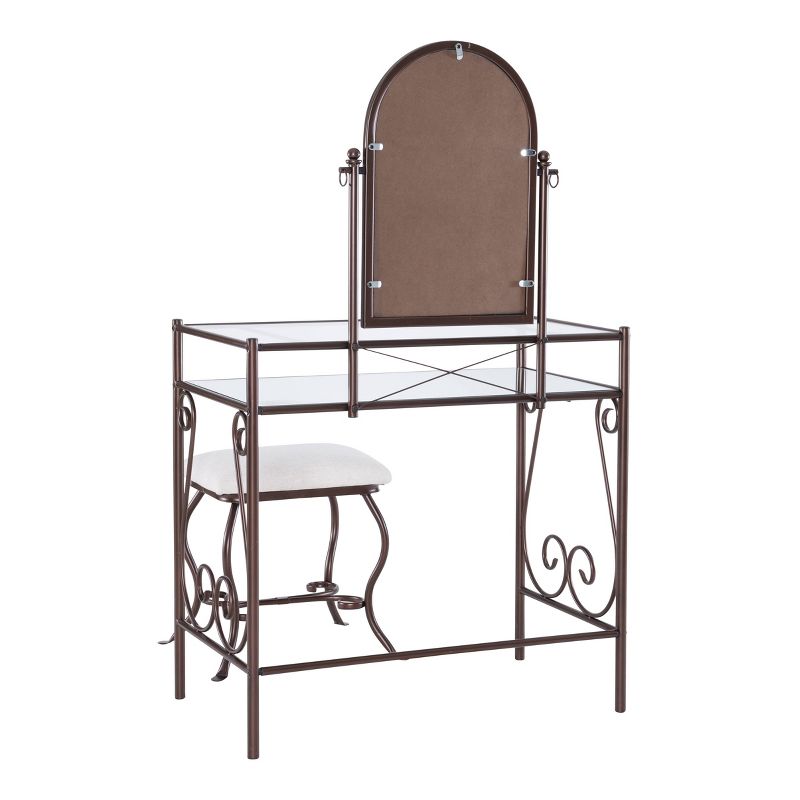Clarisse Traditional Metal and Glass Shelf Adjustable Mirror Vanity and Upholstered Stool Brown - Linon, 6 of 14