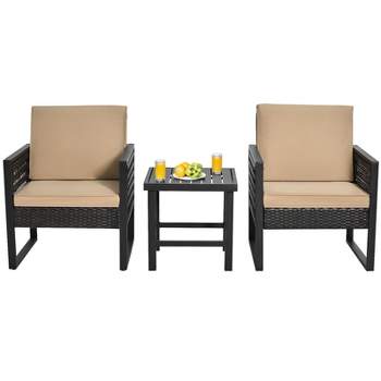 Tangkula 3-Piece Patio Wicker Bistro Set Conversation Furniture Sofa with Coffee Table