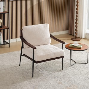 Kumasinova Modern Accent Chair,Linen Fabric Arm Chair with Wood Armrests,Comfy Chair for Living Room,Bedroom,Home Office,White - 1 of 4