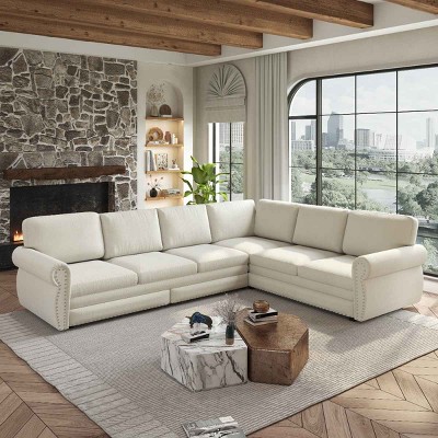 L-Shaped Sofa with Pull-Out Bed, Convertible Sleeper Couch with Nailhead Trim and Rolled Arms, Chenille Sofa with Iron Frame-Coolbibila