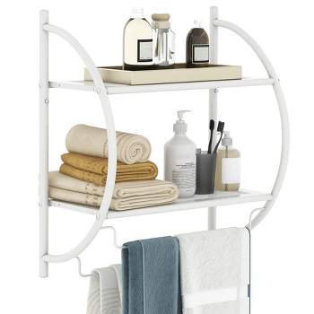 Costway Wall Mounted Bathroom Shelf with 2 Tier Bathroom Towel Rack 2 Towel Bars for Hotel White/Sliver